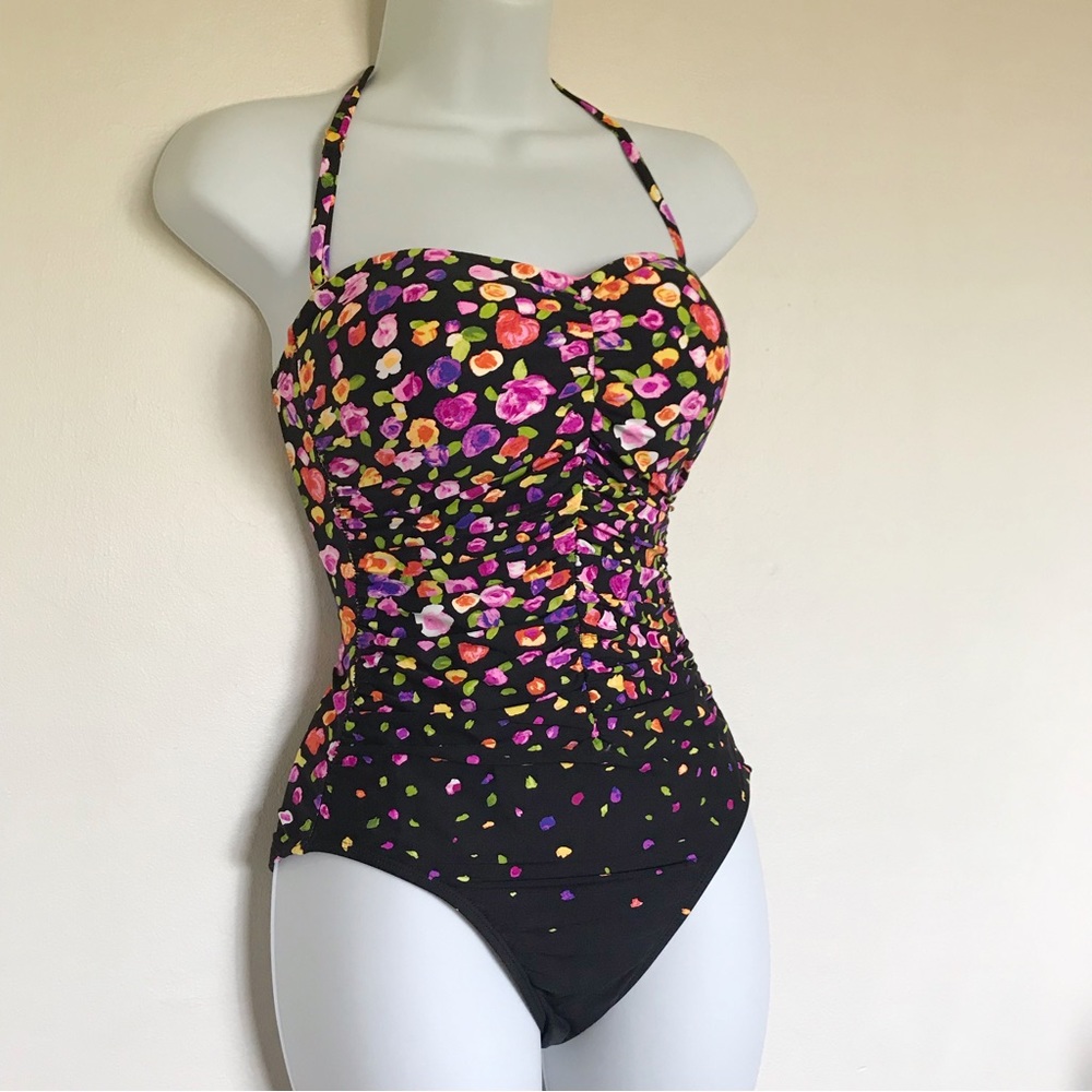 Anne Cole Women’s Floral Shirred Bandeau One-Piece Halter Strap Swimsuit Size 8 - Picture 2 of 13